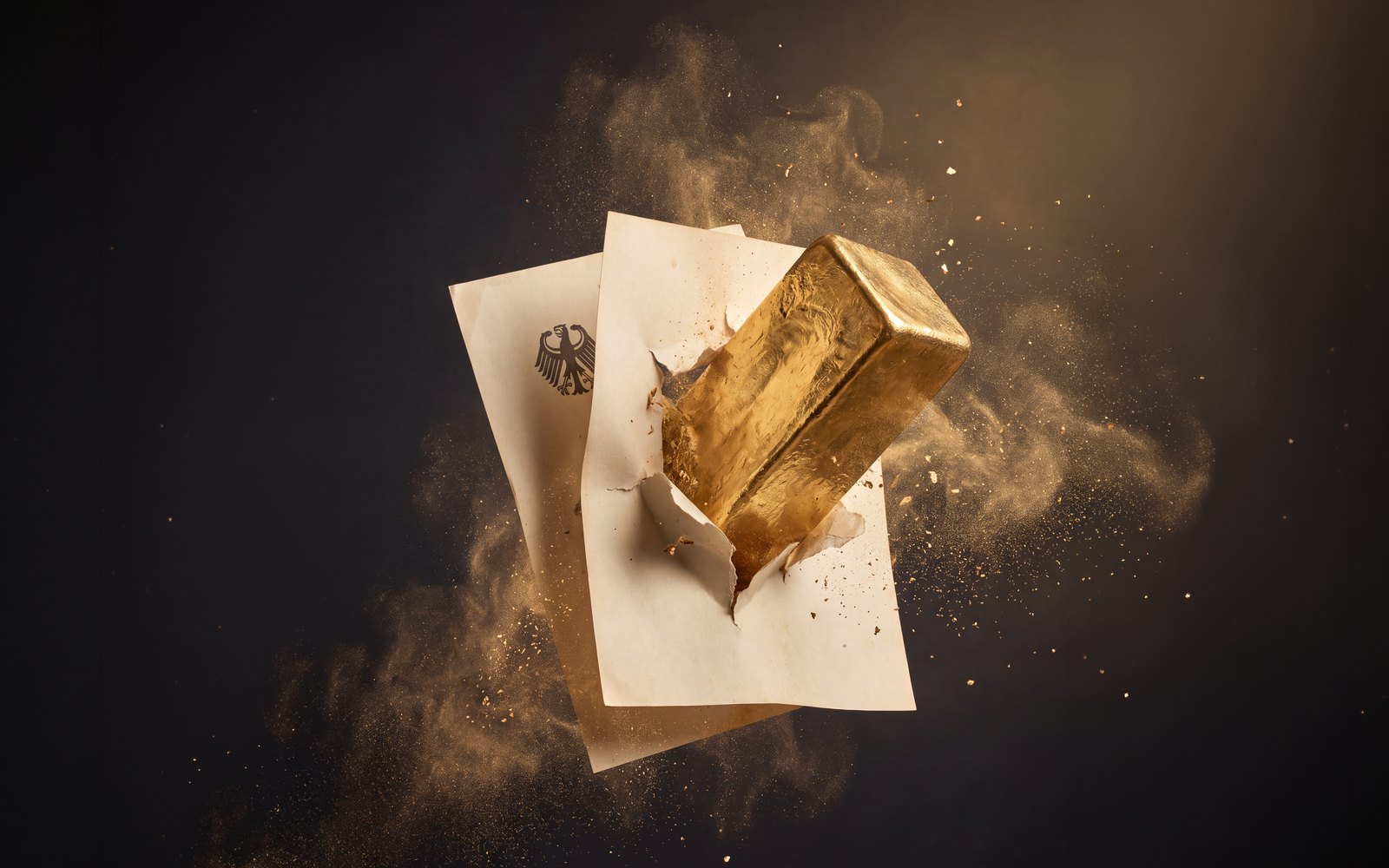 Goldbarren bricht durch ein Papier mit Bundesadler