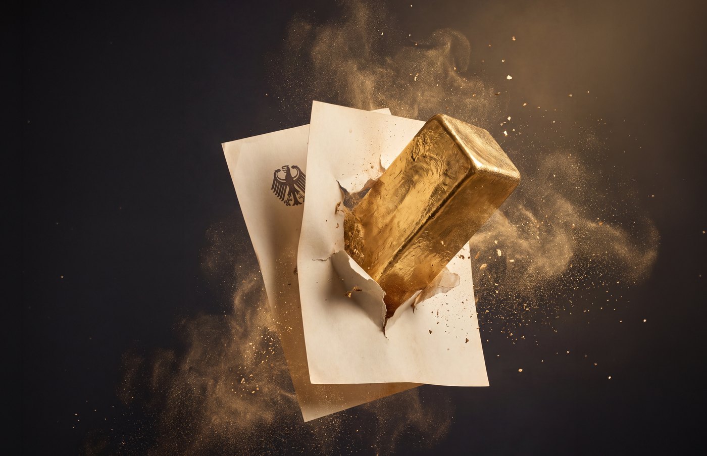 Goldbarren bricht durch ein Papier mit Bundesadler